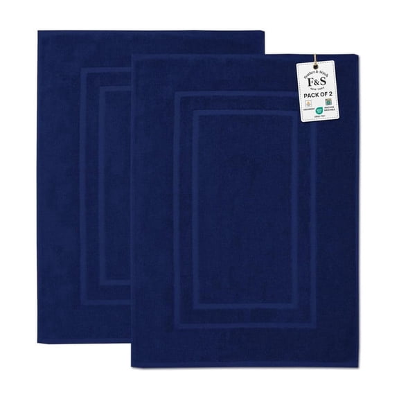 Feather and Stitch New York Modern Solid Print Navy Blue 100% Premium Ring-Spun Long-Staple Cotton Bath Mats, 30" x 21", Fade Resistant (2 Count)