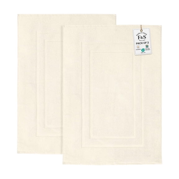 Feather and Stitch New York Modern Solid Print Ivory 100% Premium Ring-Spun Long-Staple Cotton Bath Mats, 30" x 21", Fade Resistant (2 Count)
