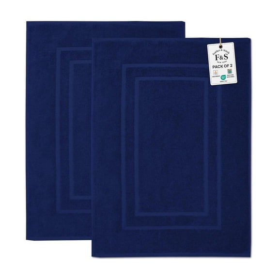 Feather and Stitch New York Modern Solid Print Navy Blue 100% Premium Ring-Spun Long-Staple Cotton Bath Mats, 30" x 21", Fade Resistant (2 Count)
