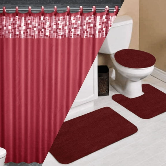 LUXURY DCOR DYNASTY BURGUNDY 16PC BATHROOM SET MULTICOLOR DESIGN STYLE INCLUDES 1 FABRIC SHOWER CURTAIN 72"X 72" 12 COVERED HOOKS 1 BATH MAT 18"X 30" 1 CONTOUR MAT 18"X 18" 1 LID COVER 18"X 18"