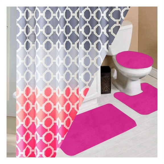 LUXURY DCOR HAJAR HOT PINK 16PC BATHROOM SET MULTICOLOR DESIGN STYLE INCLUDES 1 FABRIC SHOWER CURTAIN 72"X 72" 12 COVERED HOOKS 1 BATH MAT 18"X 30" 1 CONTOUR MAT 18"X 18" 1 LID COVER 18"X 18"