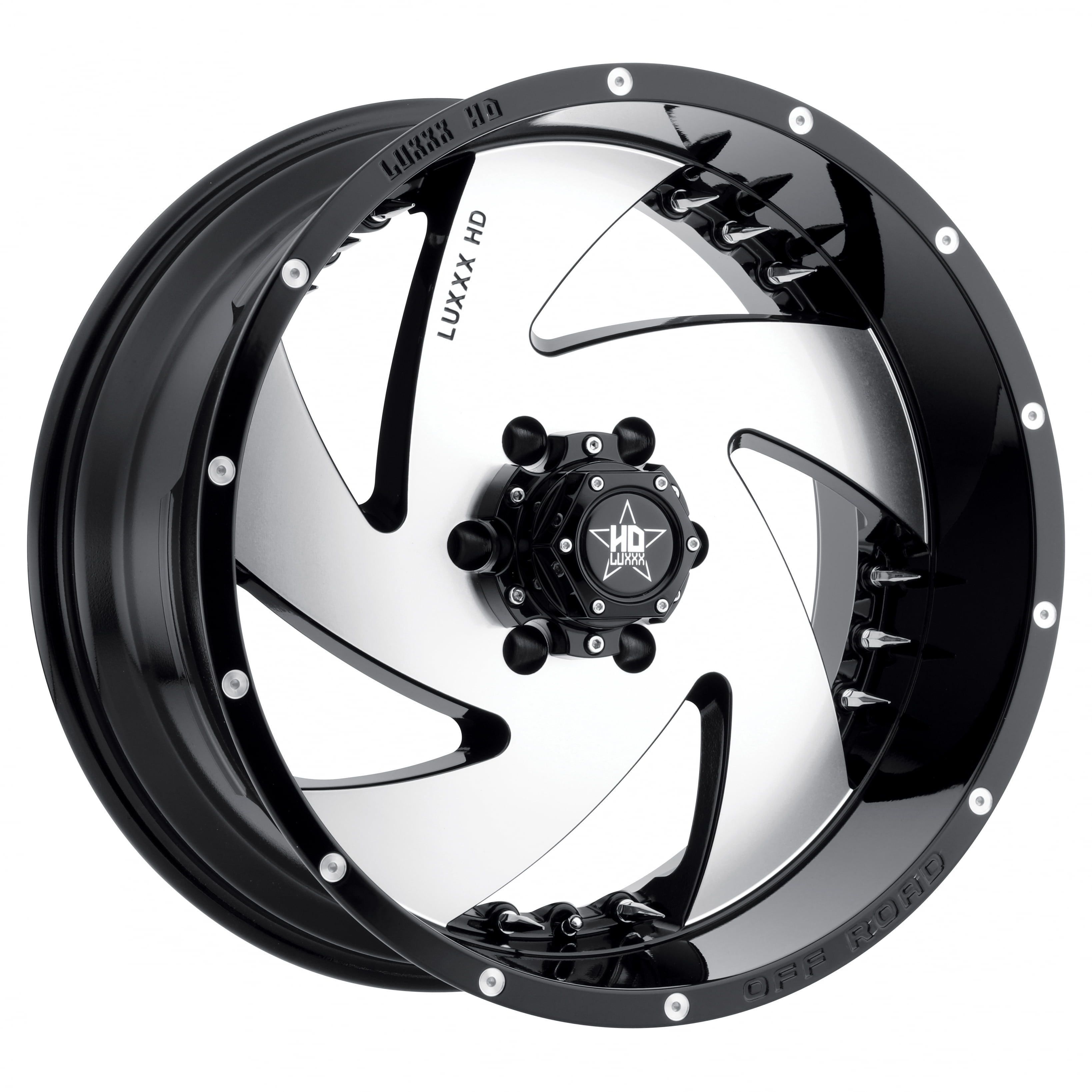 LUXXX HD Alloy Rims LHD6 24X12 6X139.7 -49 106.1 Gloss Black Machined Face w/ Chrome Spike Rivets