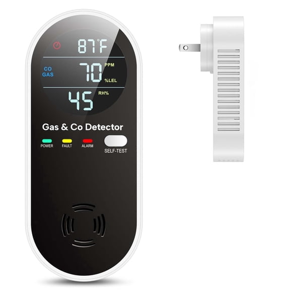 LUXY SONIC 4-in-1 Carbon-Monoxide（C O）Alarm, Combustible Gas & C O Detector with Temperature and Humidity Display, Plug-in Portable Gas Leak Alarm for Home, Apartment, Hotel, Camping, RV（1 Pack）