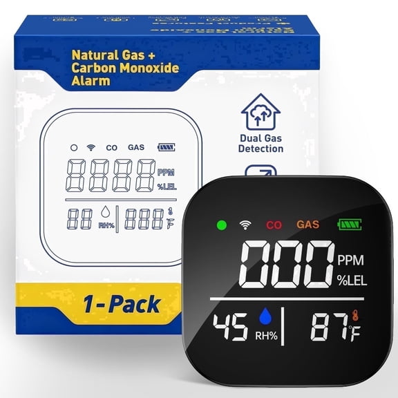 LUXY SONIC 4-in-1 Full Screen Natural Gas Detector & Carbon-Monoxide(C O)Alarm, Combustible Gas Detector with Temperature and Humidity Display, Battery Backup for Home/Hotel/Travel/RV(1 pack)