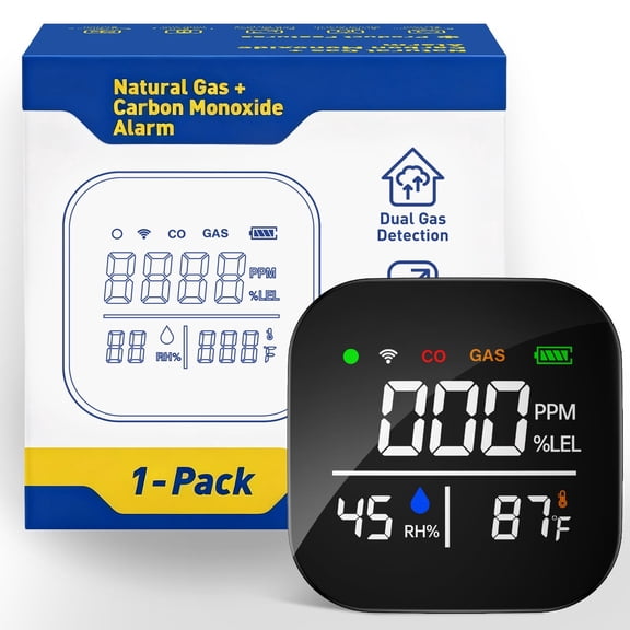 LUXY SONIC 5-in-1 Full Screen Natural Gas Detector & Carbon-Monoxide(C O)Alarm, Combustible Gas Detector with Temperature and Humidity Display, Battery Backup for Home/Hotel/Travel/RV(1 Pack)