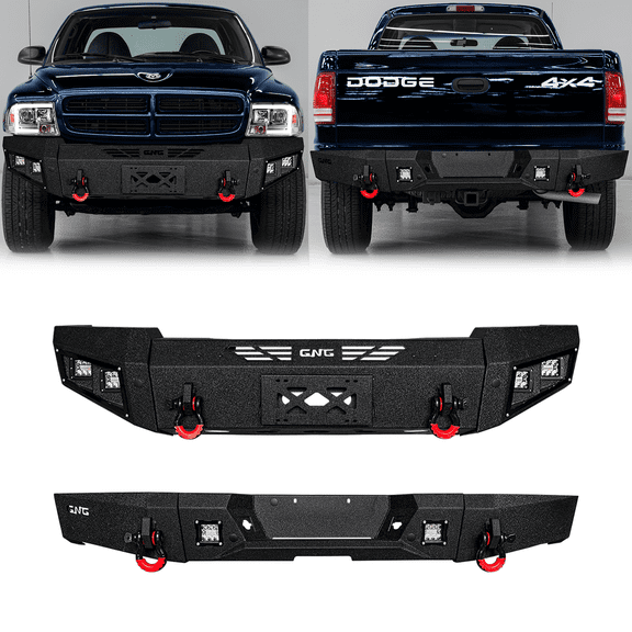 LUYWTE New Steel Front and Rear Bumper With Winch Plate&Lights For 1997-2004 Dodge DakotaBlack Texture