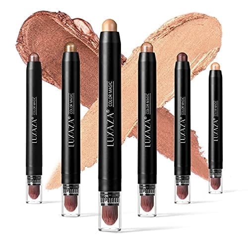 LUZAXA 6 Pcs Brown Neutral Metallic Eyeshadow Sticks, Cream Eyeshadow Pencil Set with Blending Brush, Smooth Blendable Eye Makeup