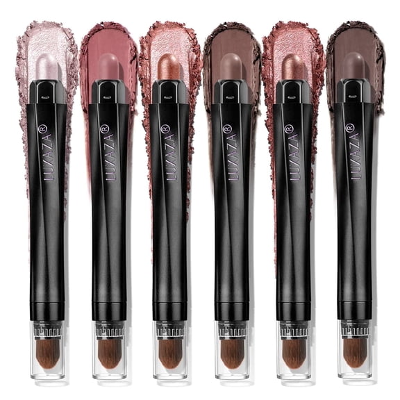 LUZAXA 6 Pcs Cream Eyeshadow Stick Set, Brown Neutral Metallic Eyeshadow Pencil with Blending Brush for Eye Makeup