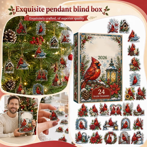 LUZBLSM 24 Pcs Winter Cardinal Advent Calendar 2026, 2D Acrylic Red Bird Countdown Ornaments Blind Box, Hanging Charms Surprise Gift Set for Christmas Tree Home Decor