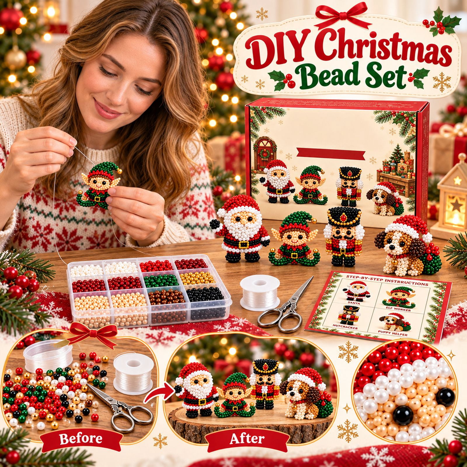 Santa Elf Project LUZBLSM 3D Christmas Beaded Animal Kit, DIY Bead Craft Set with 4 ...