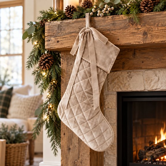 LUZBLSM Camel Beige Quilted Velvet Christmas Stocking 16.5 Inch, Diamond-Quilted Xmas Stocking with Elegant Bow Cuff, Fireplace Mantel Hanging Stocking for Family Holiday Decor Gift