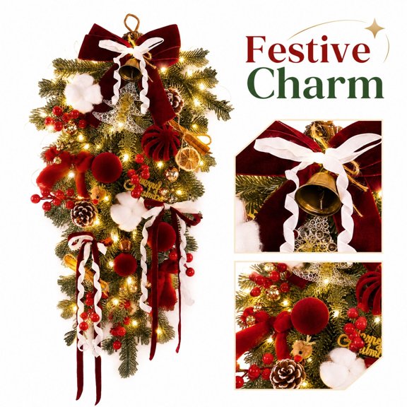 LUZBLSM Christmas Door Decorations 22.1 Inch, Pine Teardrop Swag with Cinnamon and Red Berry, Hanging Greenery with Fine Festive Detail for Home Front Porch Yard Window Farmhouse Decor