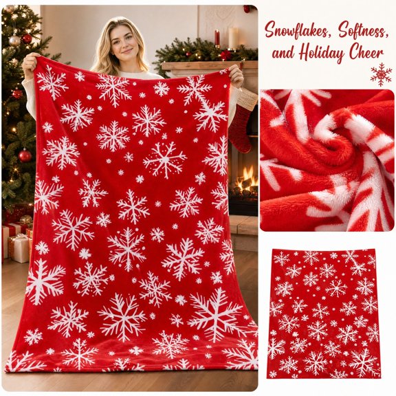 LUZBLSM Christmas Flannel Throw Blanket 59.06 x 39.37 Inch, Red White Snowflake Merry Christmas Digital Print Sofa Throw Blanket for Couch Bed Living Room Winter Home Decor