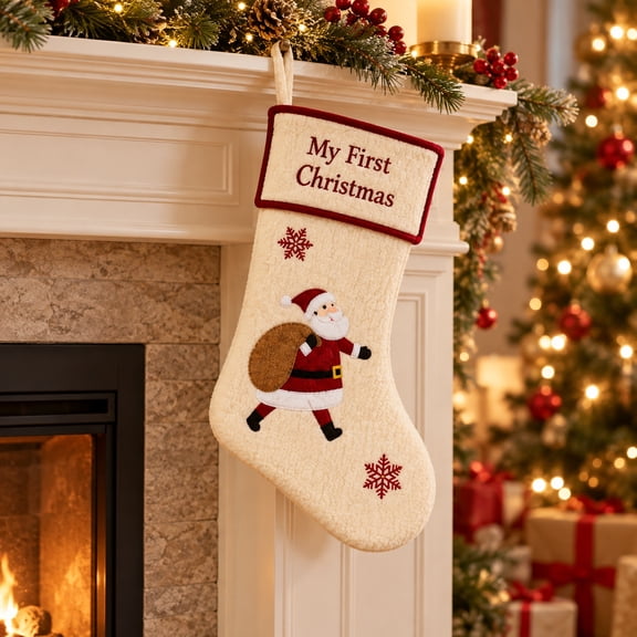 LUZBLSM My First Christmas Stocking 18.11 Inch, Embroidered Baby Xmas Stocking with Walking Santa Applique, Cream Flannel Hanging Stocking for Mantel Tree Holiday Decor