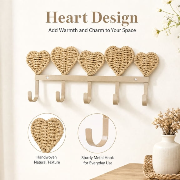 LUZBLSM Handwoven Rope Wall Hook Rack 15 Inch, Natural Jute Heart Shaped Hook with 5 Metal Pegs, Entryway Bathroom Bedroom Organizer for Home Front Porch Yard Window Farmhouse Decor
