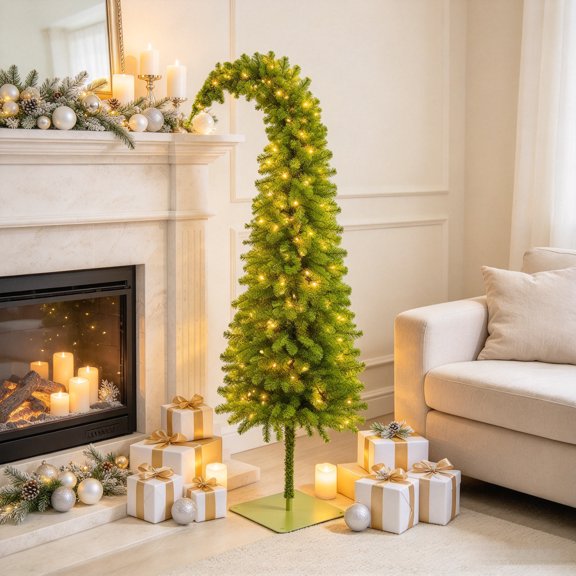 LUZBLSM Pre-Lit Green Curved Christmas Tree, 4.9Ft Artificial Pencil Tree with Warm White LED Lights, Bent Top, Square Base, for Indoor Christmas Home Decor