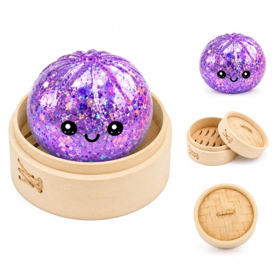 LUZBLSM Purple Glitter Popping Bead Bun Squishy Toy 3.35 Inch, Slow Rising Squeeze Toy with Bamboo Steamer Basket, Soft Sensory Fidget for Kids Adults Stress Relief Party Favors