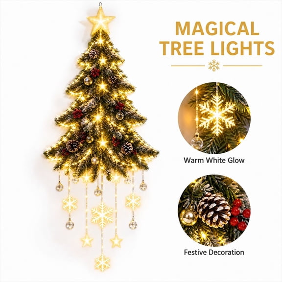 LUZBLSM Rattan Christmas Tree Wall Decor 39.37 Inch, Lighted Artificial Xmas Tree with Cascading Star Snowflake Lights, Rustic Holiday Indoor Wall Door Mantel Hanging Decor