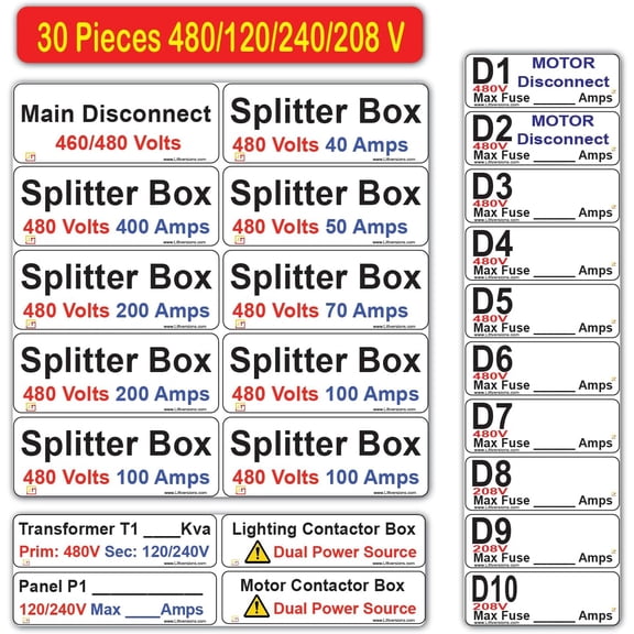 LV 30 Pcs Elect Label Stickers for Main Disconnect Splitter Transformer Contactor Box (460/480 Volt)