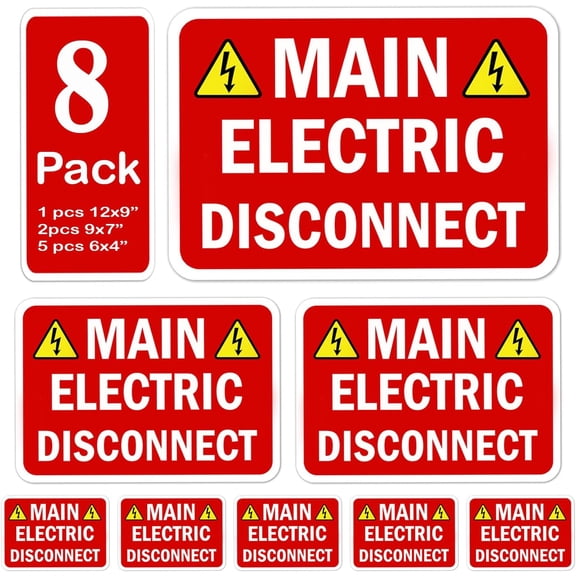 LV Assorted 8 Pack Main Electrical Disconnect Sticker Label Sign 12x9 9x12 9x7 7x9 6x4 3x2 2x3 inch