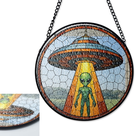 LV Gifts Alien UFO Abduction Suncatcher, Cryptid Stained Glass Style UV Glass Decor