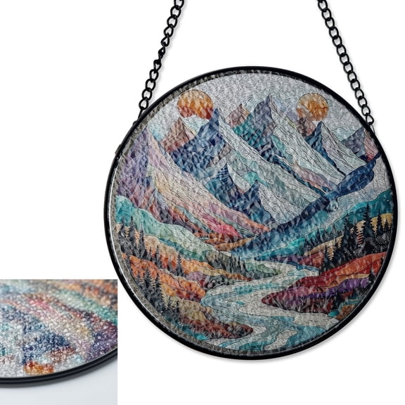LV Gifts Alpine Mountain Range Suncatcher, Scenic Stained Glass Style UV Glass Hanging