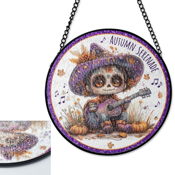 LV Gifts Autumn Serenade Sugar Skull Stained Glass Style Suncatcher, UV Printed Glass, Halloween Art Decor, Memorial Keepsake, Round