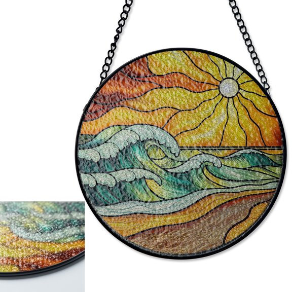 LV Gifts Beach Sunset Sun Catcher, Stained Glass Style UV Printed Summer Glass Decor