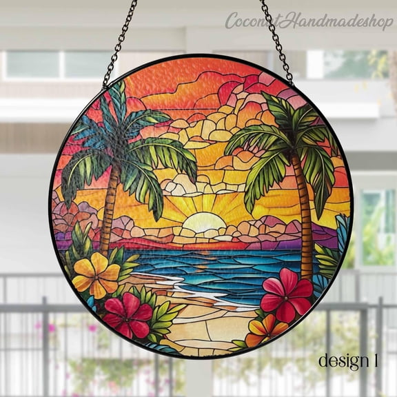 LV Gifts - Beach Sunset Suncatcher, Ocean Sunrise Stained Glass Style Window Hanging, Coastal Art