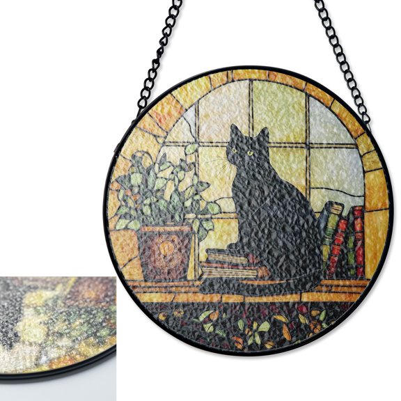 LV Gifts Black Cat Library Sun Catcher, Stained Glass Style UV Printed Book Lover Gift