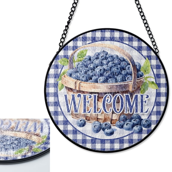 LV Gifts Blueberry Welcome Suncatcher Stained Glass Style, UV Printed Glass, Farmhouse Summer Fruit Decor, Front Door Ornament, Round