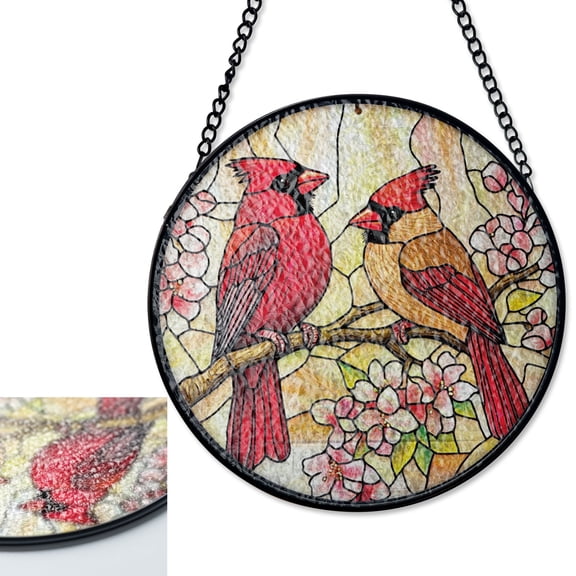 LV Gifts Cardinal Couple Sun Catcher, Stained Glass Style UV Printed Cherry Blossom Decor
