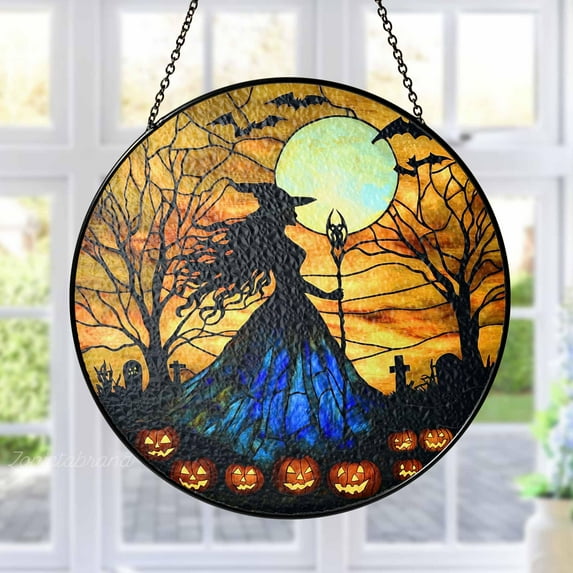 Halloween Witch with Moon Stained Glass Suncatcher, Spooky Window Hanging, Autumn Ornament Gift for Halloween Lovers