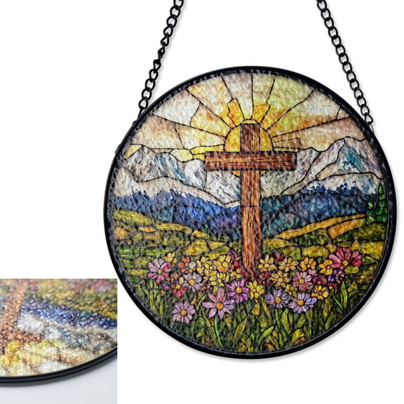 LV Gifts Christian Cross Sun Catcher, Stained Glass Style UV Printed Religious Window Hanging