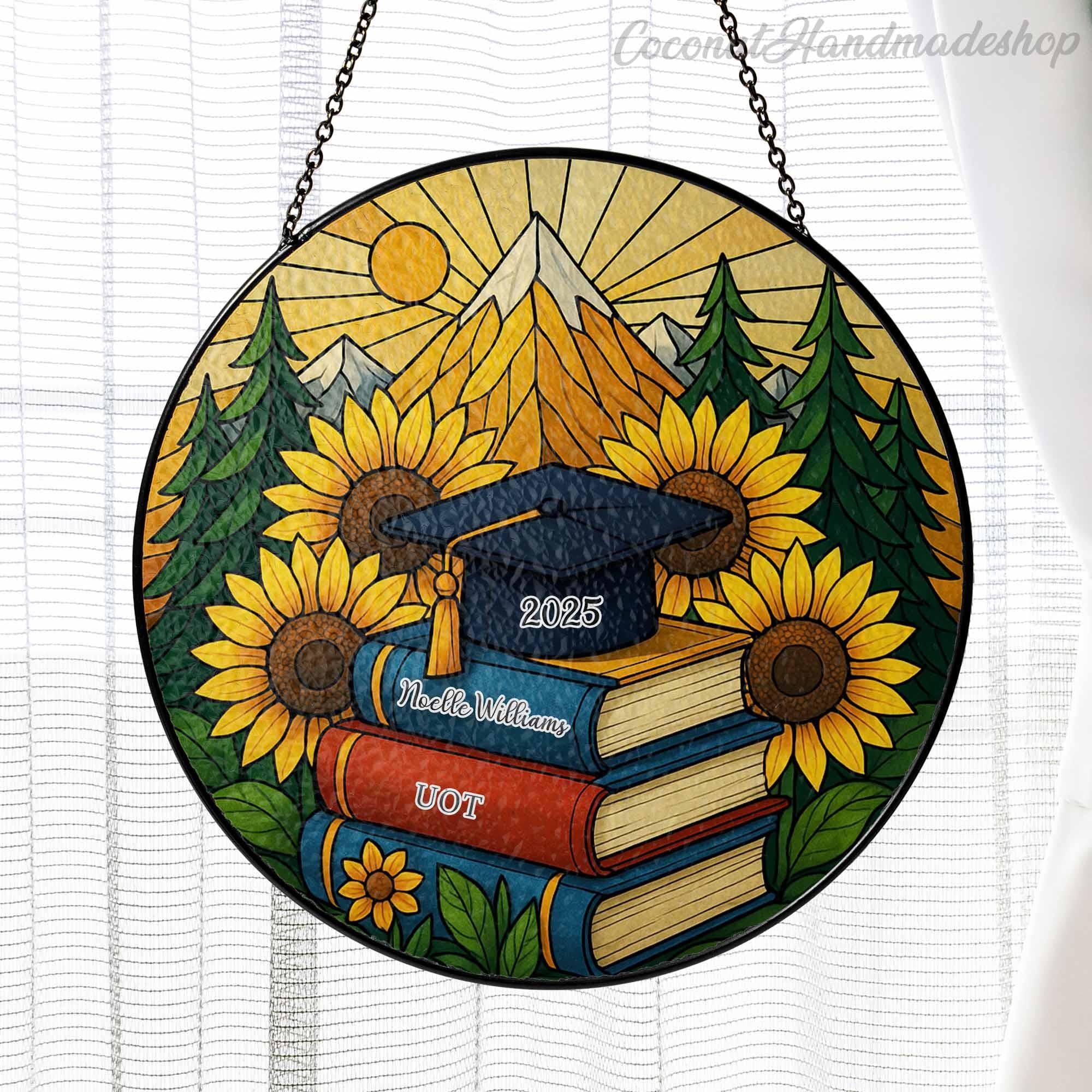 LV Gifts - Class of 2025 Graduation Suncatcher, Cap & Sunflower Stained Glass Style Decor, Grad Gift