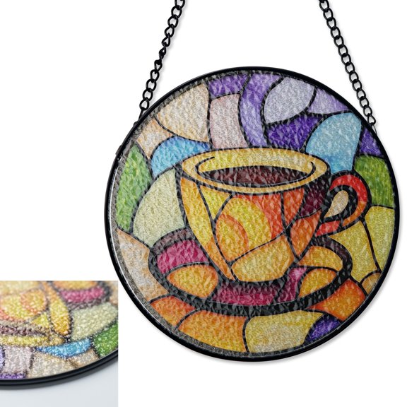 LV Gifts Coffee Cup Espresso Suncatcher, Kitchen Stained Glass Style UV Window Decor