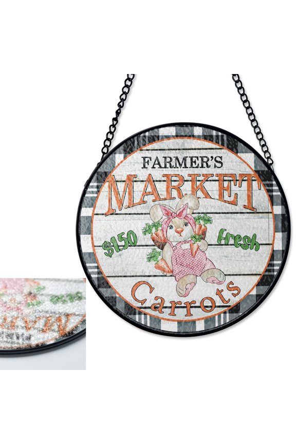 Country Easter Bunny Farmers Market Stained Glass Style Suncatcher, UV Printed Glass, Rustic Spring Decor, Farmhouse Gift, R