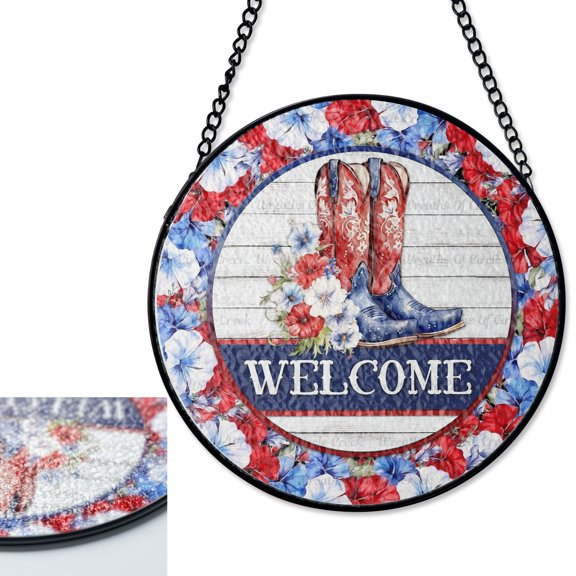 LV Gifts Cowgirl Boots Patriotic Floral Suncatcher Stained Glass Style, UV Printed Glass, Red White Blue Decor, 4th of July Gift, Ro