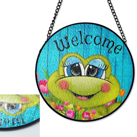 LV Gifts Cute Frog Face Welcome Tulips Stained Glass Style Suncatcher, UV Printed Glass, Spring Garden Decor, Amphibian Lover Gift, R