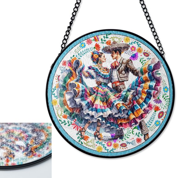 LV Gifts Dancing Couple Jarabe Dancers Stained Glass Suncatcher, UV Printed Glass Round, Cinco De Mayo Decor, Mexican Folk Art Gift,