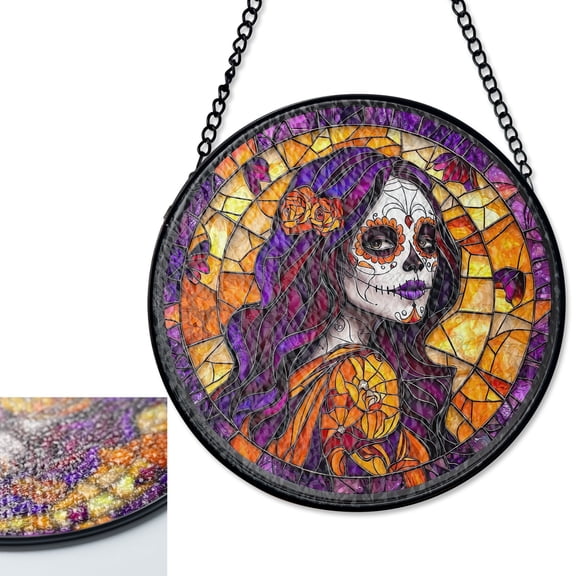 LV Gifts Day of the Dead Sugar Skull Lady Stained Glass Style Suncatcher, UV Printed Glass, Purple Floral Decor, Halloween Art, Round