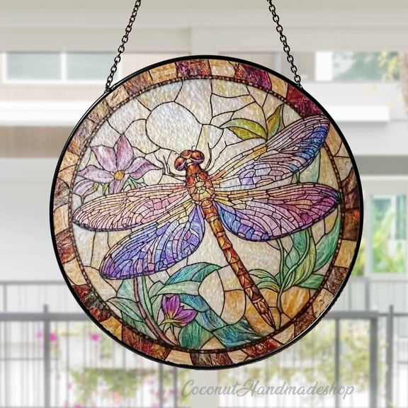 LV Gifts - Dragonfly Suncatcher, Nature Insect Stained Glass Style Window Hanging, Garden Decor
