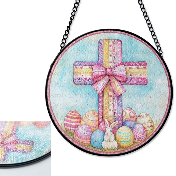 LV Gifts Easter Cross And Bunny Stained Glass Style Suncatcher, UV Printed Glass Hanging Ornament, Spring Christian Decor, Easter Gif