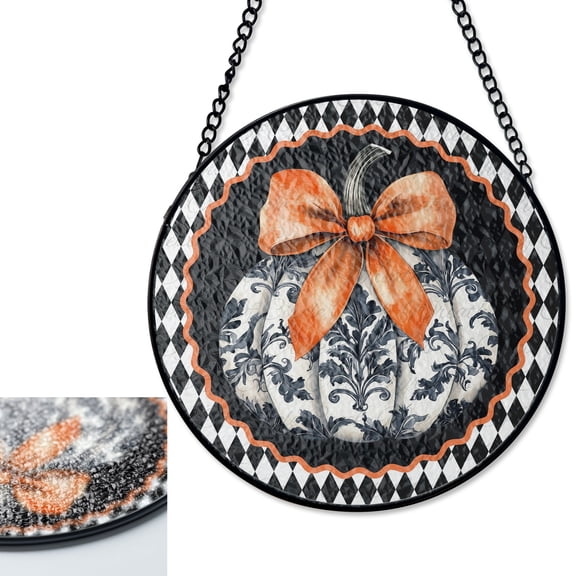 LV Gifts Elegant Damask Pumpkin Suncatcher Stained Glass Style, UV Printed Glass, Black & White Fall Decor, Modern Art Gift, Round