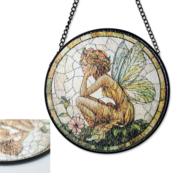 LV Gifts Enchanted Fairy Forest Suncatcher, Fantasy Stained Glass Style UV Glass Art