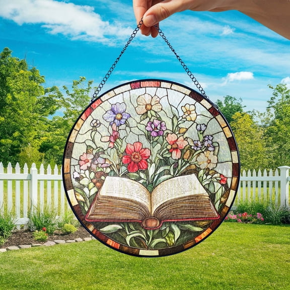 LV Gifts - Floral Book Suncatcher, Reading Stained Glass Style Window Hanging, Book Club Wall Art