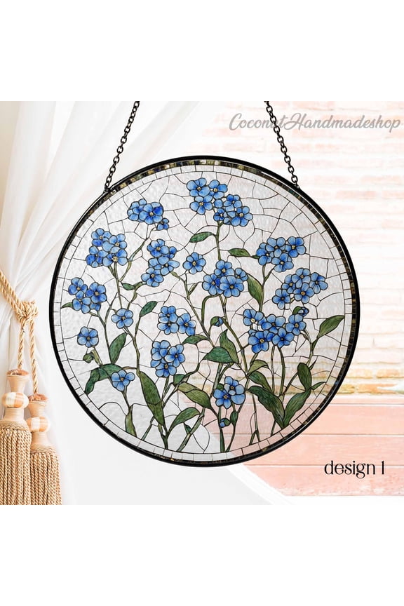 - Forget Me Not Suncatcher, Blue Flower Stained Glass Style Panel, Memorial Gift for Her
