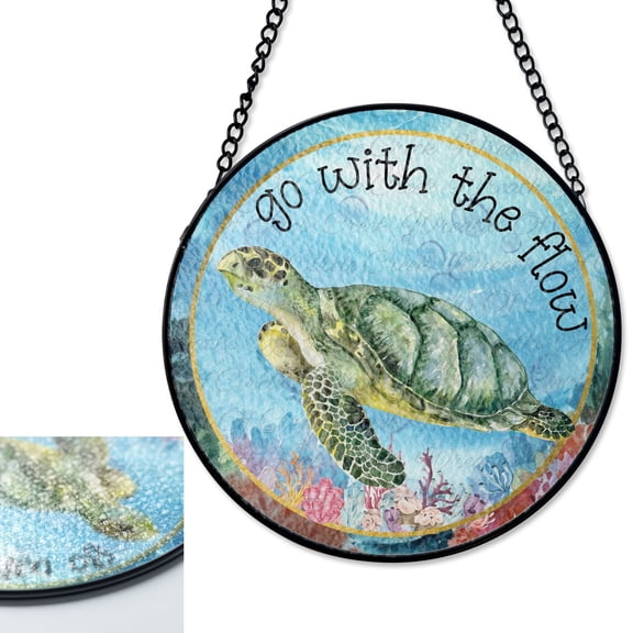 LV Gifts Go With the Flow Sea Turtle Suncatcher Stained Glass Style, UV Printed Glass, Ocean Beach Decor, Coastal Wall Art, Round