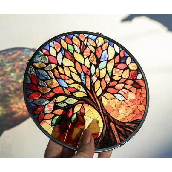 LV Gifts - Gold Tree of Life Suncatcher, Boho Nature Stained Glass Style Wall Art, Spiritual Decor