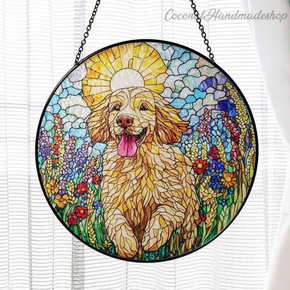LV Gifts - Goldendoodle Suncatcher, Dog & Wildflowers Stained Glass Style Decor, Pet Memorial Gift